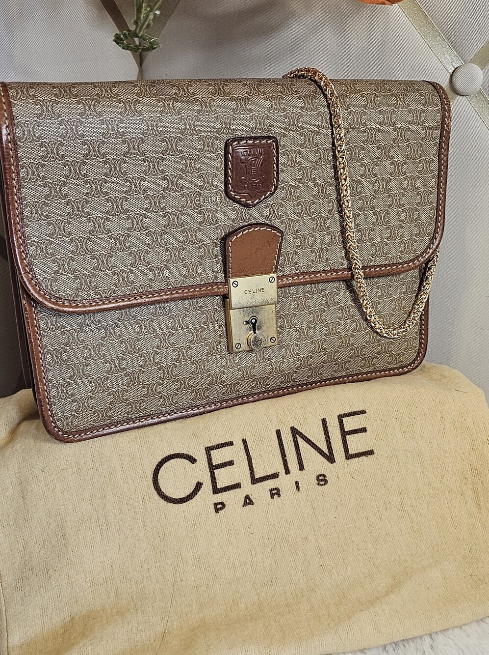 Celine Macadam Triomphe Clutch Bag With Dustbag Insert And Chain
